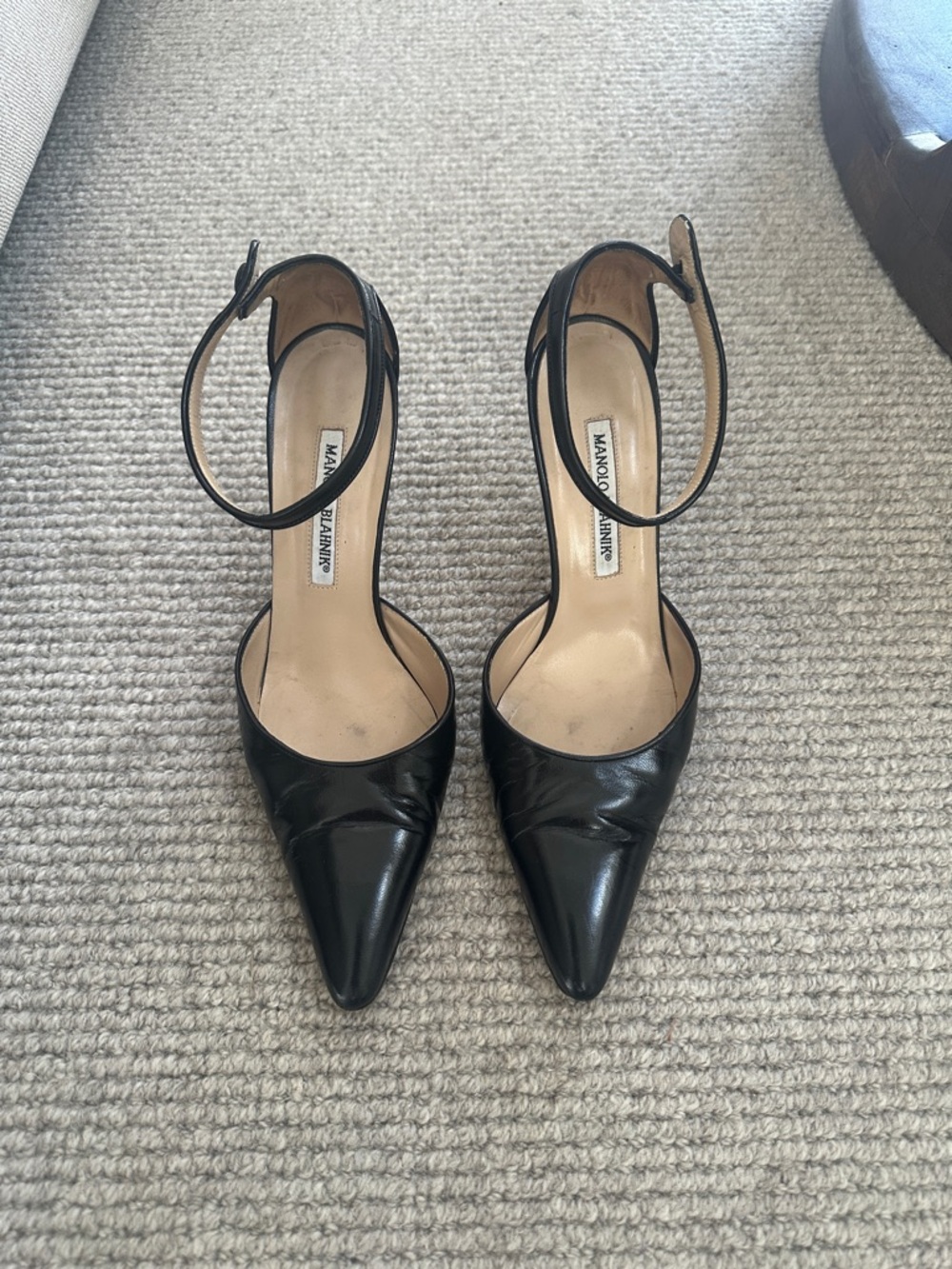 Manolo Blahnik Black Pointed Toe Ankle-Strap Pumps